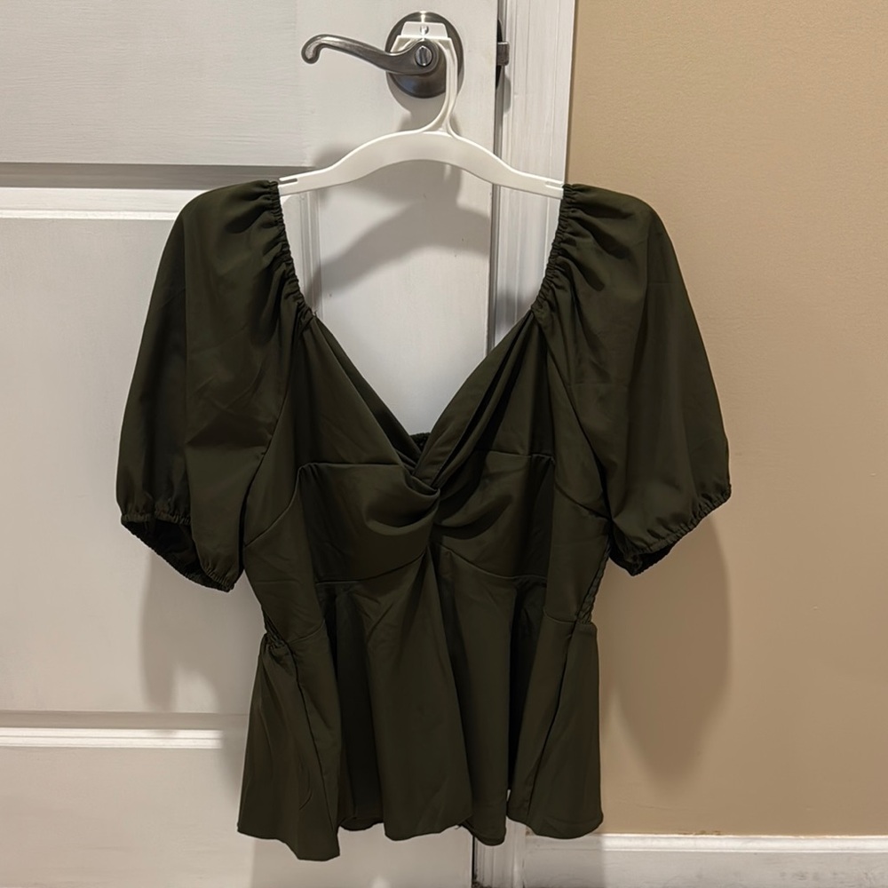 SHEIN Green Puff Sleeve Ruched Peplum Blouse